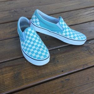 Teal slip on checker board vans